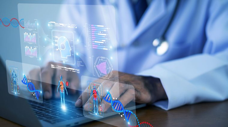 Digital healthcare interface using AI to visualize DNA structures and medical data for advanced biotech diagnostics and scientific innovation